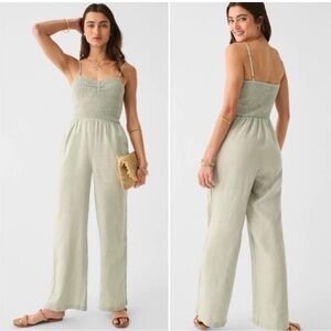 Faherty smocked linen wide leg jump suit sage green